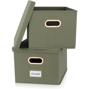 ZICOTO Decorative File Organizer Box Set of 2 - Collapsible Linen Filing Cabinets w/Handles Are Perfect to Store all Your Documents & Hanging File Folders - Portable Easy Slide Crates with Lid (Sage)