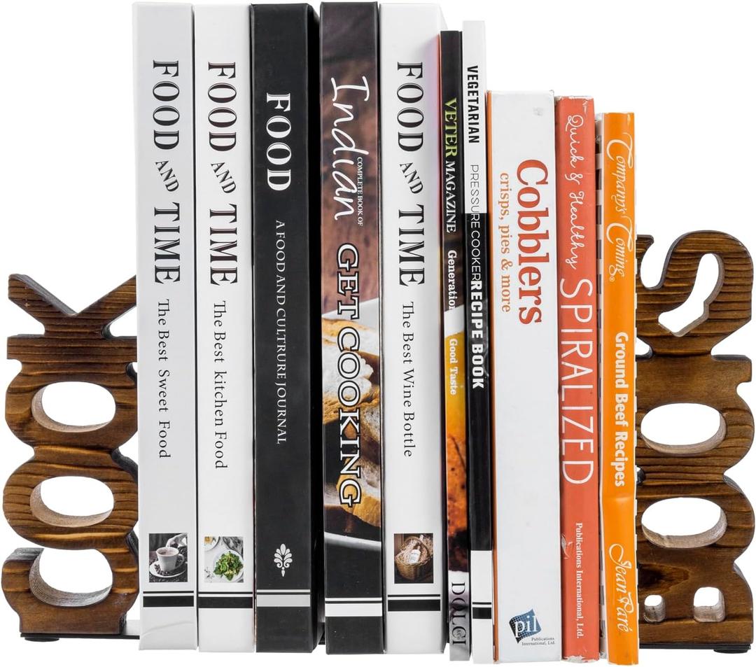 MyGift Rustic Burnt Wood Tabletop Cook and Books Decorative Bookends for Kitchen Countertop, Cookbook Display Holder 2 pc Set