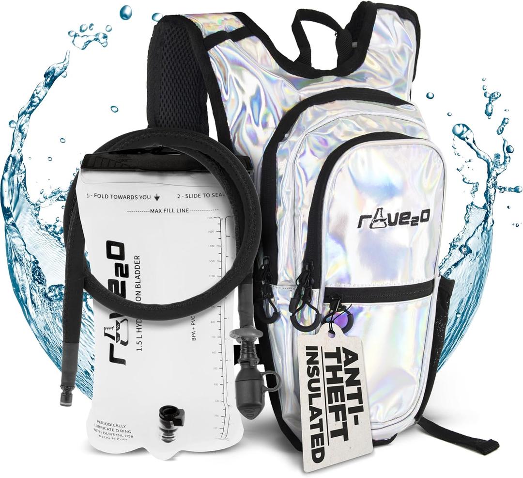 Rave Hydration Backpack Anti-Theft Festival Hydration Pack with 1.5L Leakproof TPU Bladder Slim, Insulated Water Pack with Secret Pockets & Breathable Back for Raves, Music Festivals, EDC