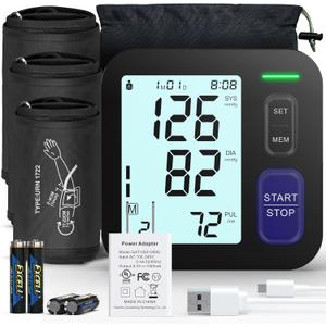 Upper Arm Blood Pressure Machine - 3 Size Cuffs, Small 7"-9", Medium/ Large 9"-17" and Extra Large XL 13"-21" for Big Arms, Accurate Automatic Digital BP Machine for Home Use, Large Display, 3 Users