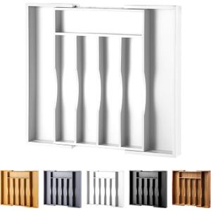 Expandable Bamboo Kitchen Drawer Organizer for Cutlery and Utensils, Adjustable Bamboo Wood Cutlery Tray in Drawer for Flatware and Silverware in Kitchen, (White) (7 Slots Expandable)
