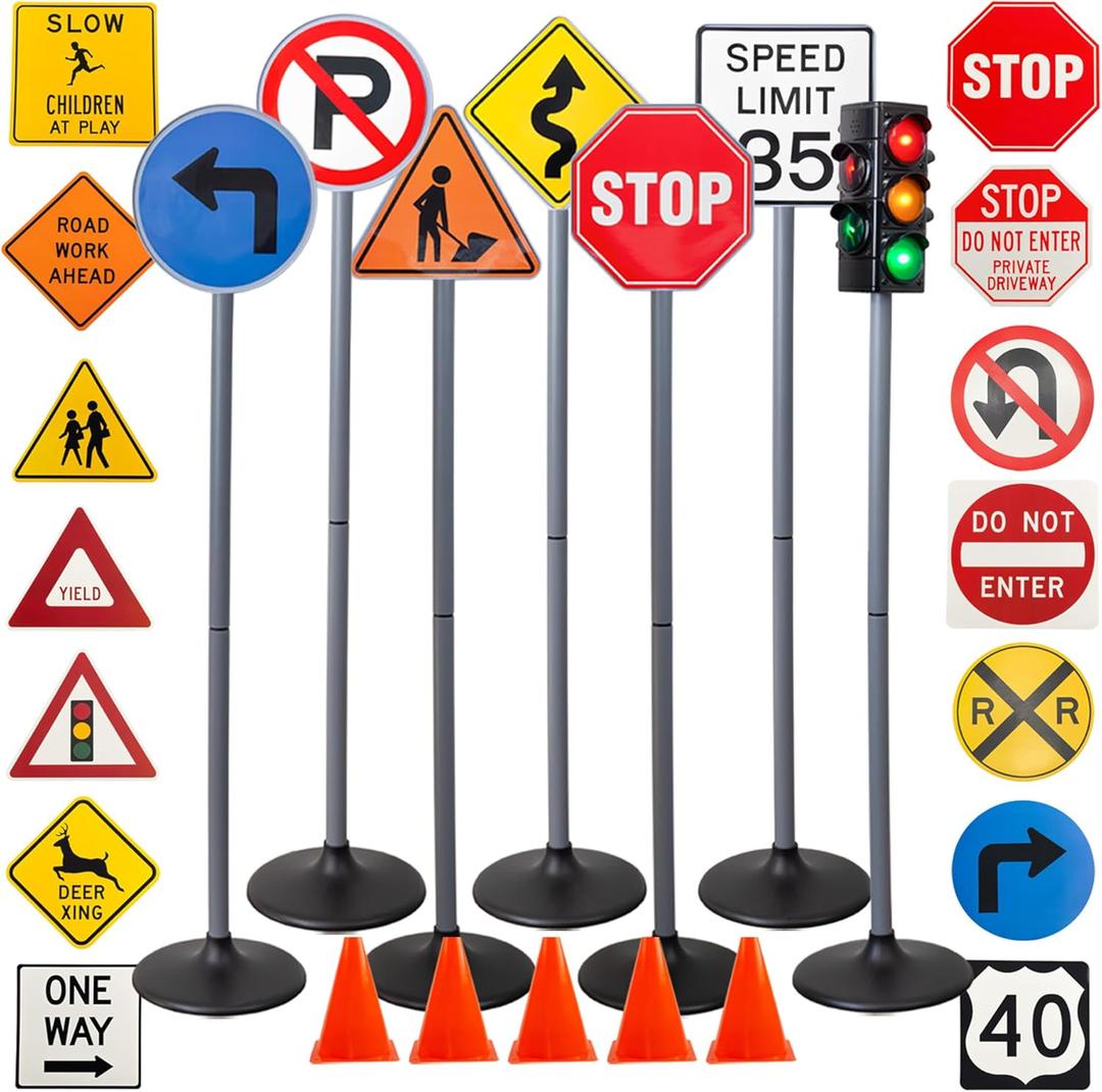Attatoy Large Traffic Signs Playset (32pc Set), 42in Tall Street Sign and Traffic Light Set for Play with Ride-On Cars and Vehicles