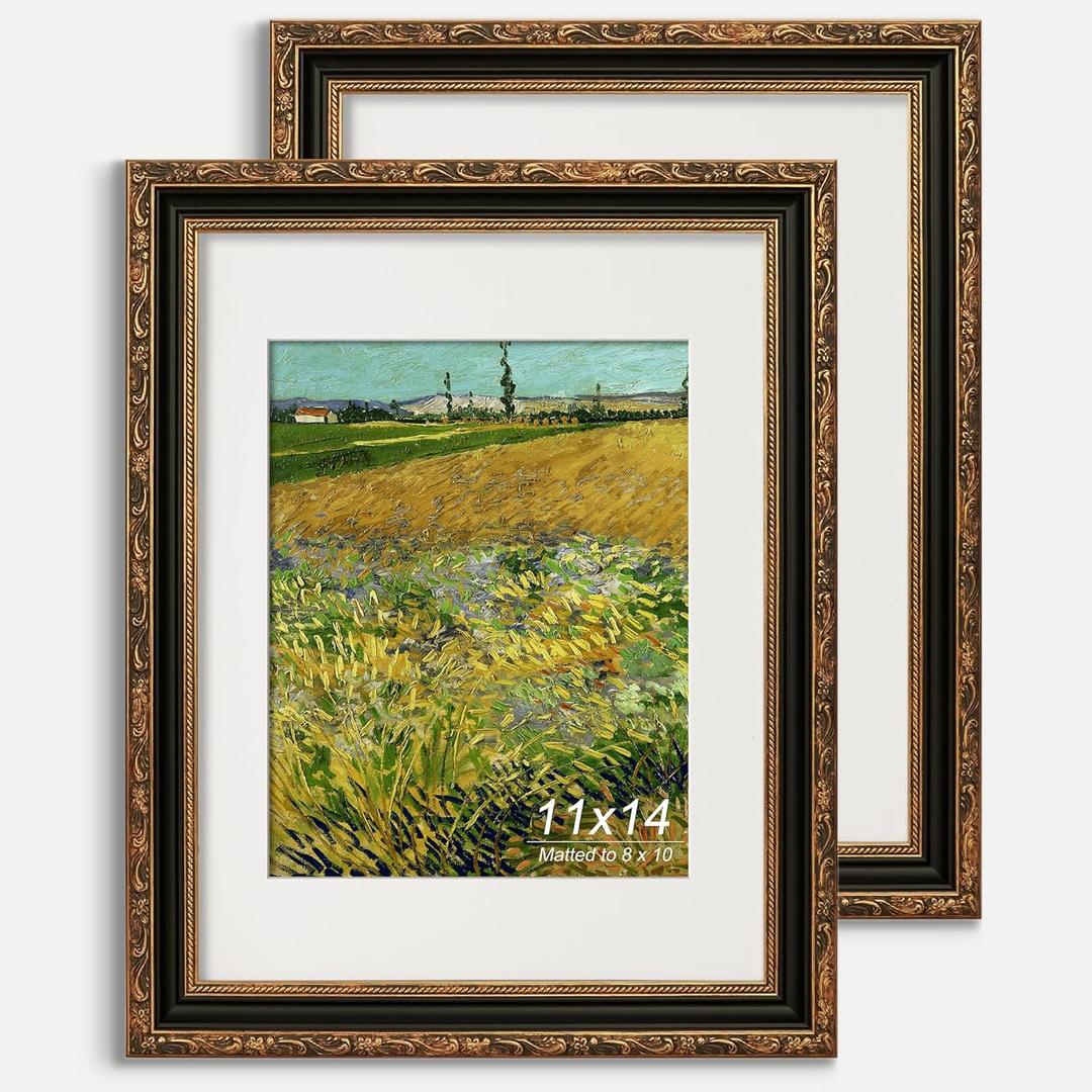 11x14 Picture Frame, Ornate Embossing Frame with Paper Mat and Real Glass, Fit for 11x14 without Mat or 8x10 with Mat, Wall Mounting Display for Art Prints, Black and Antique Gold, 2 Pack