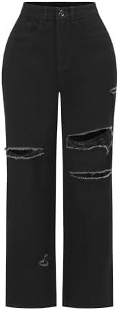 THUNDER STAR Womens High Waisted Wide Leg Jeans Stretchy Distressed Denim Pants Small, Black