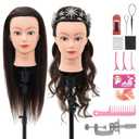 28Inch 80% Real Hair Mannequin Head, Cosmetology Mannequin Head with Hair for Braiding Curling Cuting, Table Clamp Styling Set(Dark Brown)