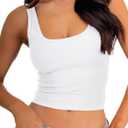 Danysu Women Rib Tank Top Padded Workout Top Square Neck Crop Tank Fitted Basic Cami Tops (Medium, Angel White Solid)