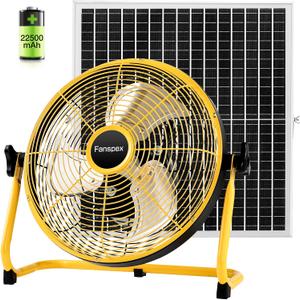 Fanspex 12" Solar Rechargeable Floor Fan for Outdoor, Large Battery Operated Fan with 35W Solar Panel Powered for Patio Gazebo Camping, 360 Tilt