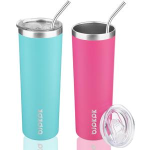 BJPKPK 2 Pack 20oz Skinny Tumblers with Lid Insulated Travel Coffee Cup Stainless Steel Thermal Mug,Turquoise,Pink