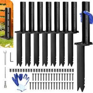 Goovilla Fence Post Repair Kit, 8Pcs Heavy Duty Fence Post Anchor Ground Stakes, Robust Quick-Fix Wood Support for Broken/Leaning/Tilted/Degraded Wood with Gloves/Installation, Easy to Install,Black