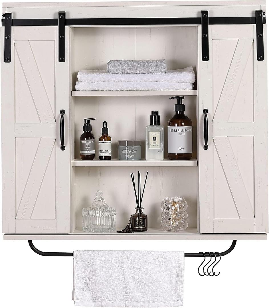 RUSTOWN Rustic Wood Wall Storage Cabinet with Two Sliding Barn Door, 3-Tier Decorative Farmhouse Vintage Cabinet for Kitchen Dining, Bathroom, Living Room, Vintage White, 30.7 inches x 27.6 inches x 7 inches