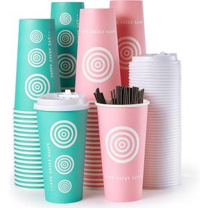 JollyPack 20 oz 100 Pack Paper Coffee Cups with Lids and Stirrers in Pink and Green. Great for Coffee, Juice, Tea, Home Use, Store and Cafe