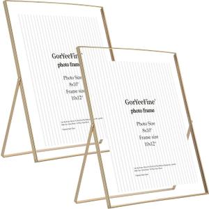 Gold 10x12'' Floating Frame 2pack For Photo Sizes(8.5x11'',8x10'',7x9''),Beautiful Metal Beaded Edge 8x10'' floating picture Frames, Adjustable Tabletop/Shelf Photo Frame