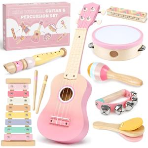 Pink Kids Guitar Set - 8 in 1 Toddler Musical Instruments,Montessori Wooden Ukulele Xylophone Tambourine Maracas Flute,Toy Guitar for Toddler Girl Ages 1-3, Toddler Girl Gifts for 2 Year Old