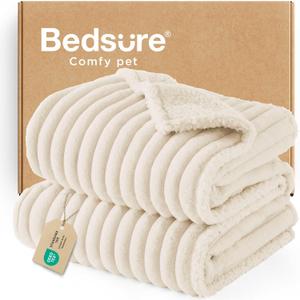 Bedsure ComfyFleece Waterproof Dog Blankets for Large Dogs - Soft Pet Cat Blanket Corduroy Fleece for Couch Protector Washable, Cozy Calming Reversible Furniture Protection,40"x50", Cream