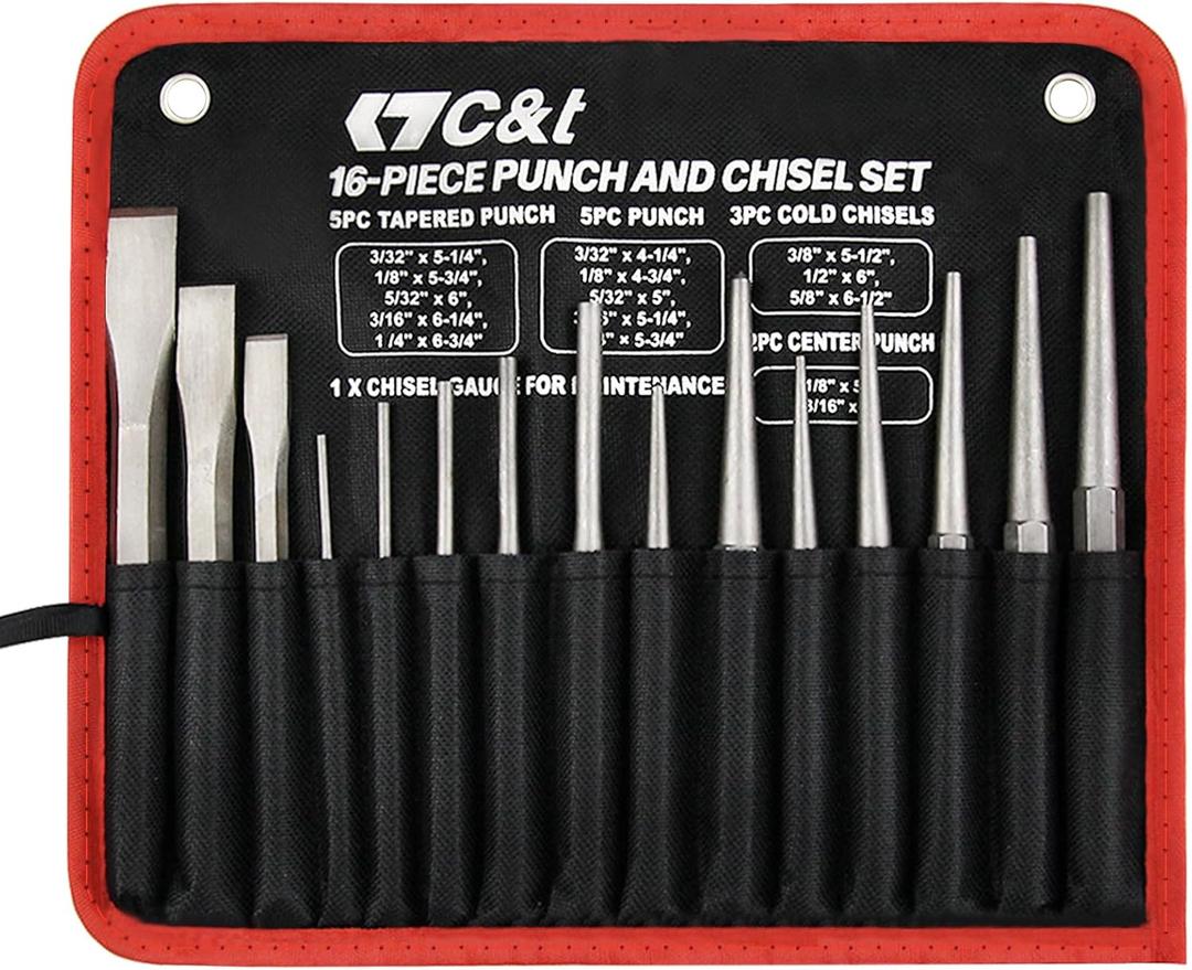 C&T 16-Piece Punch and Chisel Set With Storage Pouch, Including Taper, Cold Chisels, Pin, Center, Chrome Vanadium Steel