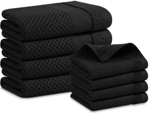 Homaxy Kitchen Towels and Dishcloths Set, 12 x 12 and 13 x 28 Inches, Set of 8 100% Cotton Waffle Weave Kitchen Towels, Super Soft and Absorbent Dish Cloths, Black