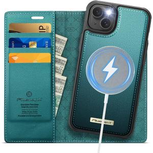 Wallet Case for iPhone 14 Compatible with Magsafe, 2-in-1 PU Leather Flip RFID Blocking Card Holder Stand Shockproof Magnetic Detachable Cover for iPhone 14 Case 6.1", Bluegreen
