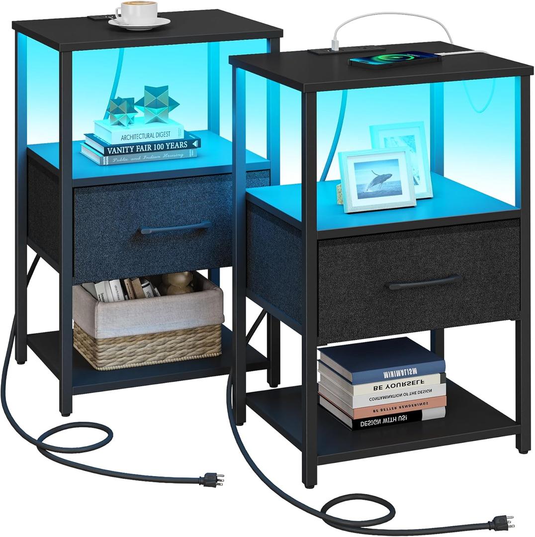 TUTOTAK LED Nightstand Set of 2, Night Stand with Charging Station, End Table, Bedside Table with Fabric Drawer, Side Table for Livingroom and Bedroom, Black TB01BK0692L