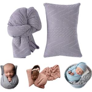 Coberllus Newborn Photography Props Blanket Stretch Knitted Twist Wrap & Posing Pad Prop for Baby Boys Girls Photo Shoot Set (Gray)