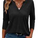 Syellowafter Womens Summer 3/ 4 Sleeve Tops Casual V Neck T Shirts Fashion Loose Fit Basic Tunic Tees Black, Large