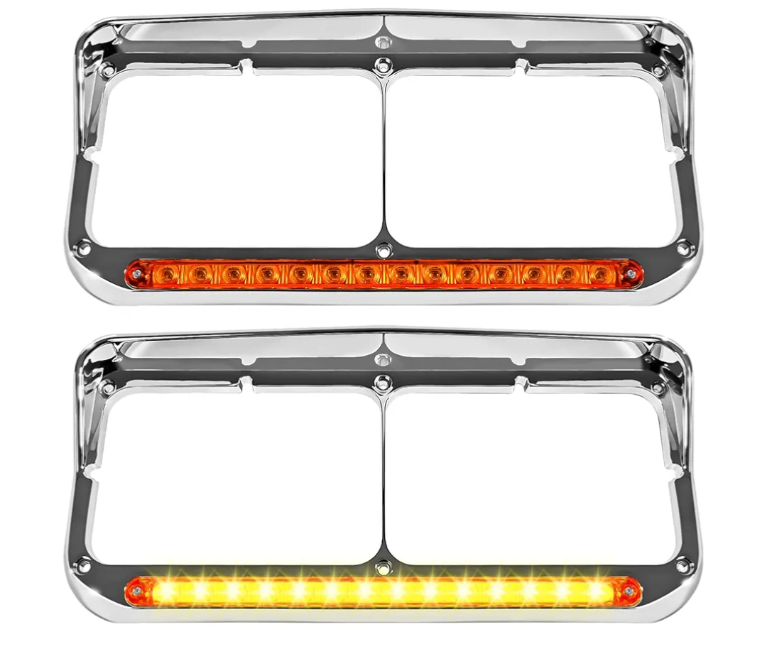 2x 4x6 Headlight Bezel with 12" Amber Lens LED Amber Light, Chrome Housing Replacement for Kenworth T800/T600/T400, Peterbilt 379/378, Freightliner FLD & Classic XL Semi Trucks DOT Compliant