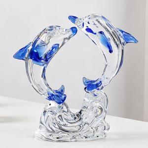Crystal Glass Dolphins Figurines Collectibles, Sea Animal Sculpture Statue, Home Desk Decoration Ornaments K9 Crystal Bloom Ornament with Hand-Polished Details (Blue)