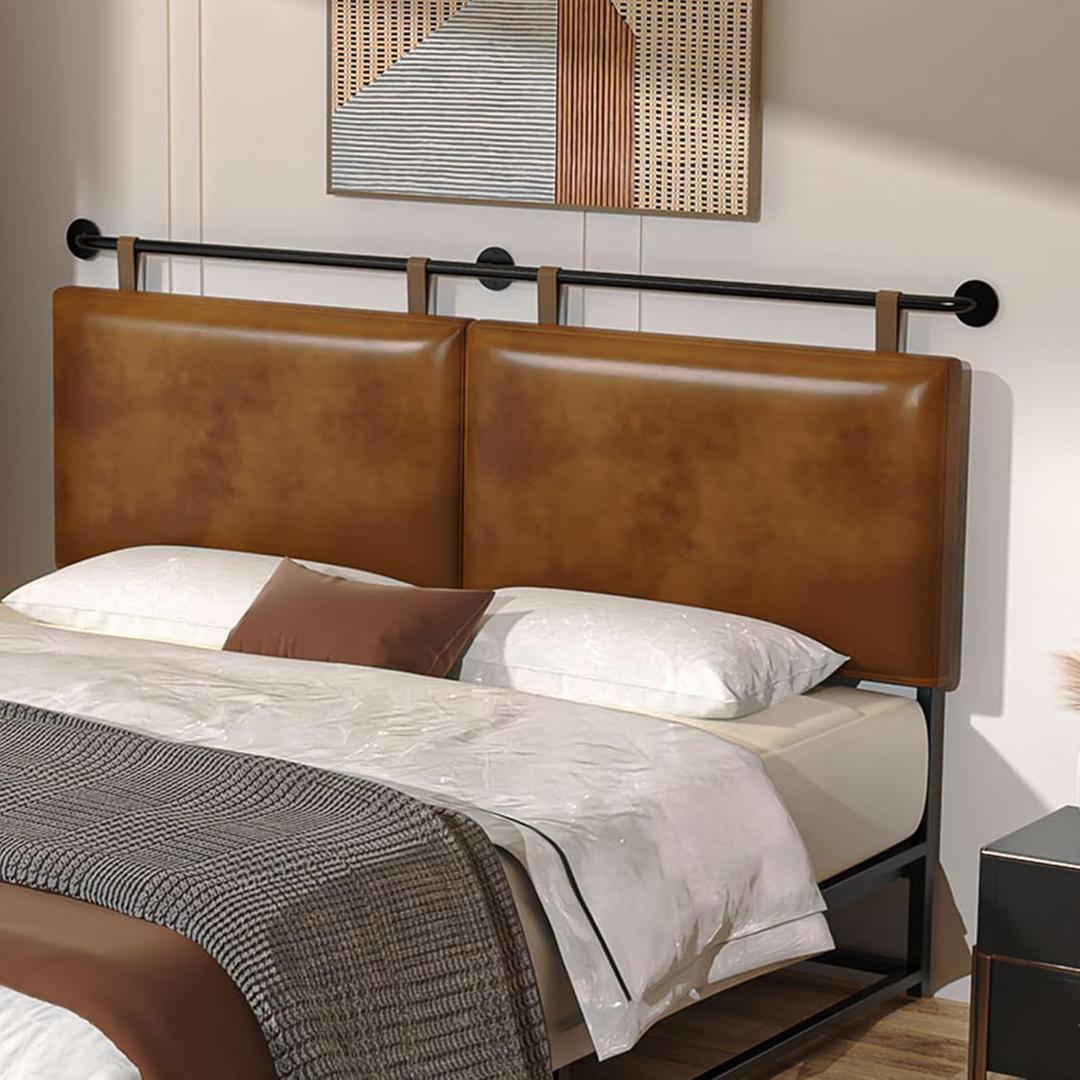 BSHOMGI King Headboard Only Wall Mount PU Leather Head Board Brown Hanging Headboards Industrial Pipe Modern Bed Backboard for Bedroom