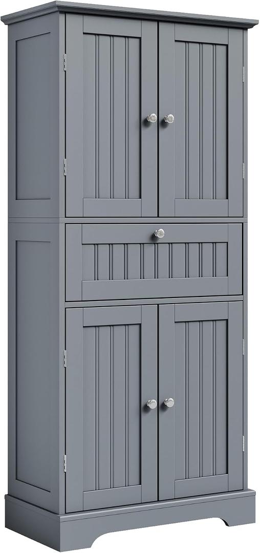 ChooChoo 51" H Tall Bathroom Floor Cabinet, Modern Bathroom Storage Cabinet with Drawer and Adjustable Shelves, Freestanding Kitchen Pantry Cupboard with 4 Doors for Living Room, Grey, 11.81"D x 23.62"W x 51.18"H