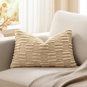 Kevin Textile 14x22 Inch Lumbar Pillow Cover 1 Pack Soft Plush Stripe Decorative Rectangle Cushion Elegant Double-Sided Corduroy Texture Pillow Cover for Couch Sofa Chair Bed Home Decor, Beige