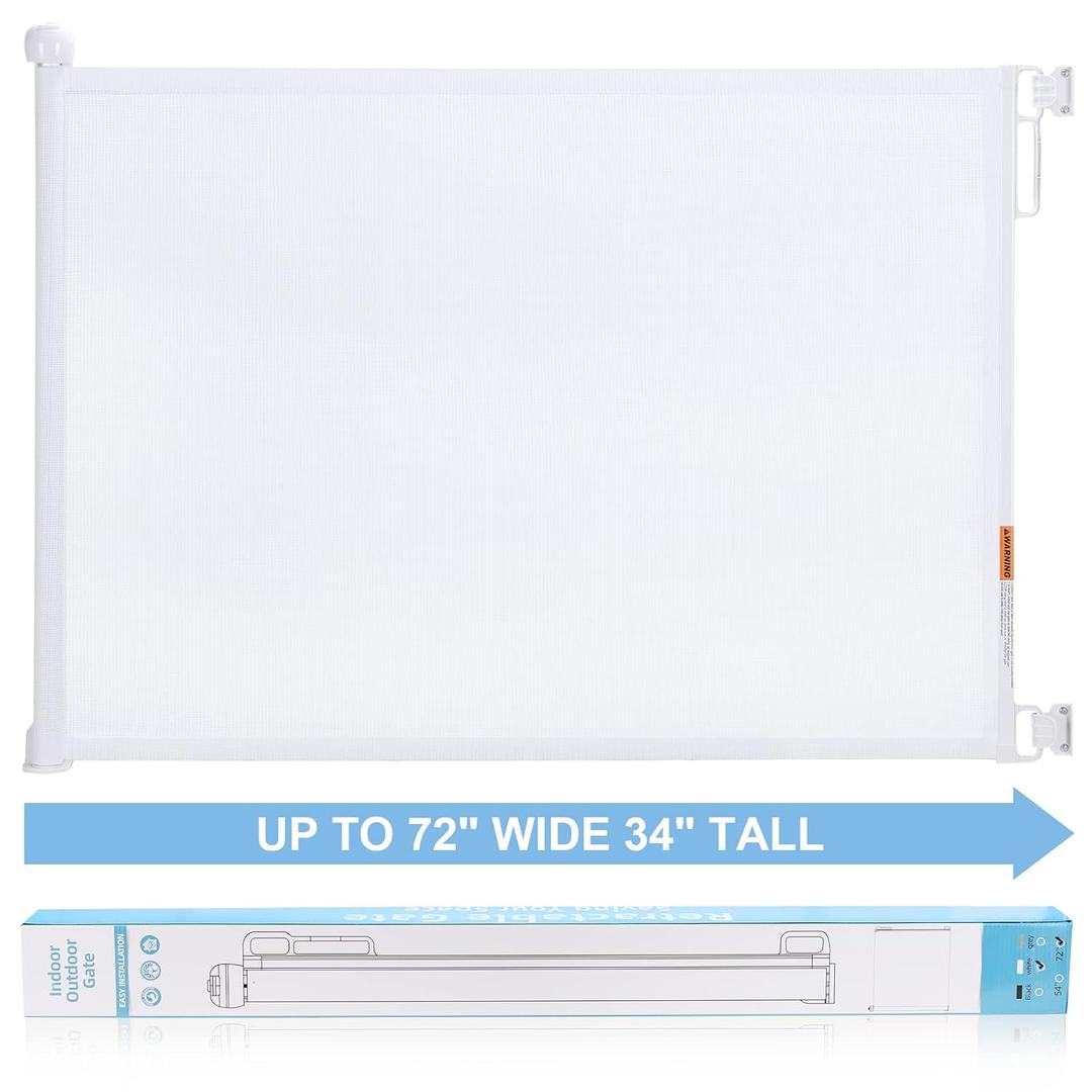 PRObebi Retractable Dog Gate - 34" Tall, Extends to 72" Wide, Safety Gate for Indoor/Outdoor/Stairs/Doorways/Deck/Banisters