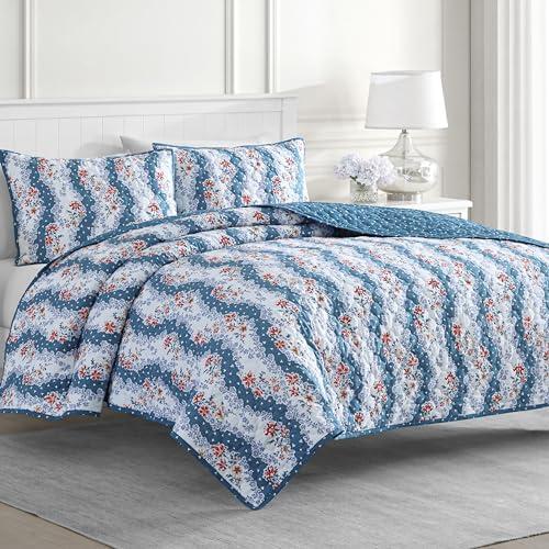 MARTHA STEWART 100% Cotton 3 Piece Reversible Quilt Set, Washed, Percale, Blue/Red, 1 Quilt, 2 King Shams, Lightweight, Soft and Breathable, Room Decor, Floral Printed Bedspread, King Size