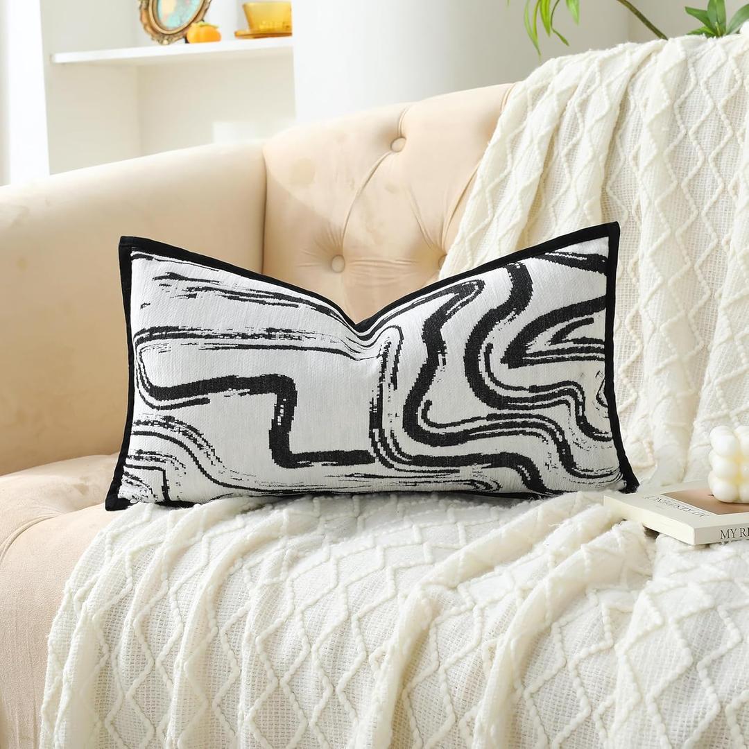 Black and White Pillow Covers, 20x12 inch Geometric Decorative Throw Pillow Covers w/Invisible Zipper & Velvet Flange Edge, Soft Chenille Jacquard Accent Pillow for Mother's Day, Home Decor
