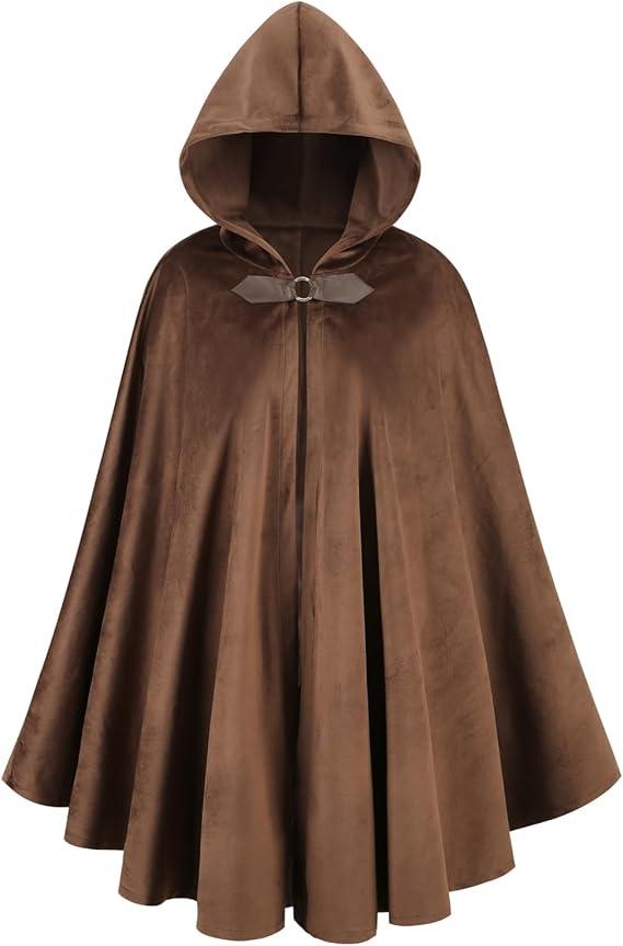 Men's Medieval Cloak with Hood, Renaissance Cape Adult Womens Velvet Halloween Party (39'', Brown)