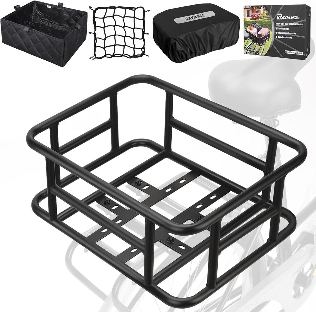 RAYMACE Rear Rack Bike Basket with Cargo Net and Liner Large Bicycle Basket Perfect Mount for Electric Bike (Black)