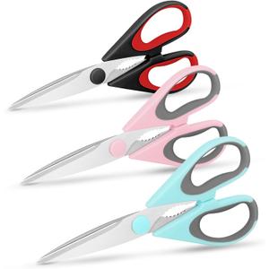 3-Pack Modern Stainless Steel Kitchen Scissors, Soft Grip Handle, Multi-Purpose Heavy Duty, Black, Red, Blue