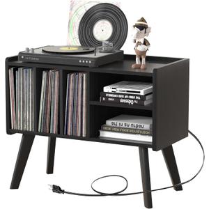 Forevich Record Player Stand Table with Vinyl Storage Holder Large Turntable Record Stand with Power Outlet Holds Up to 220 Albums Display Shelf Cabinet with Wood Legs for Living Room Black