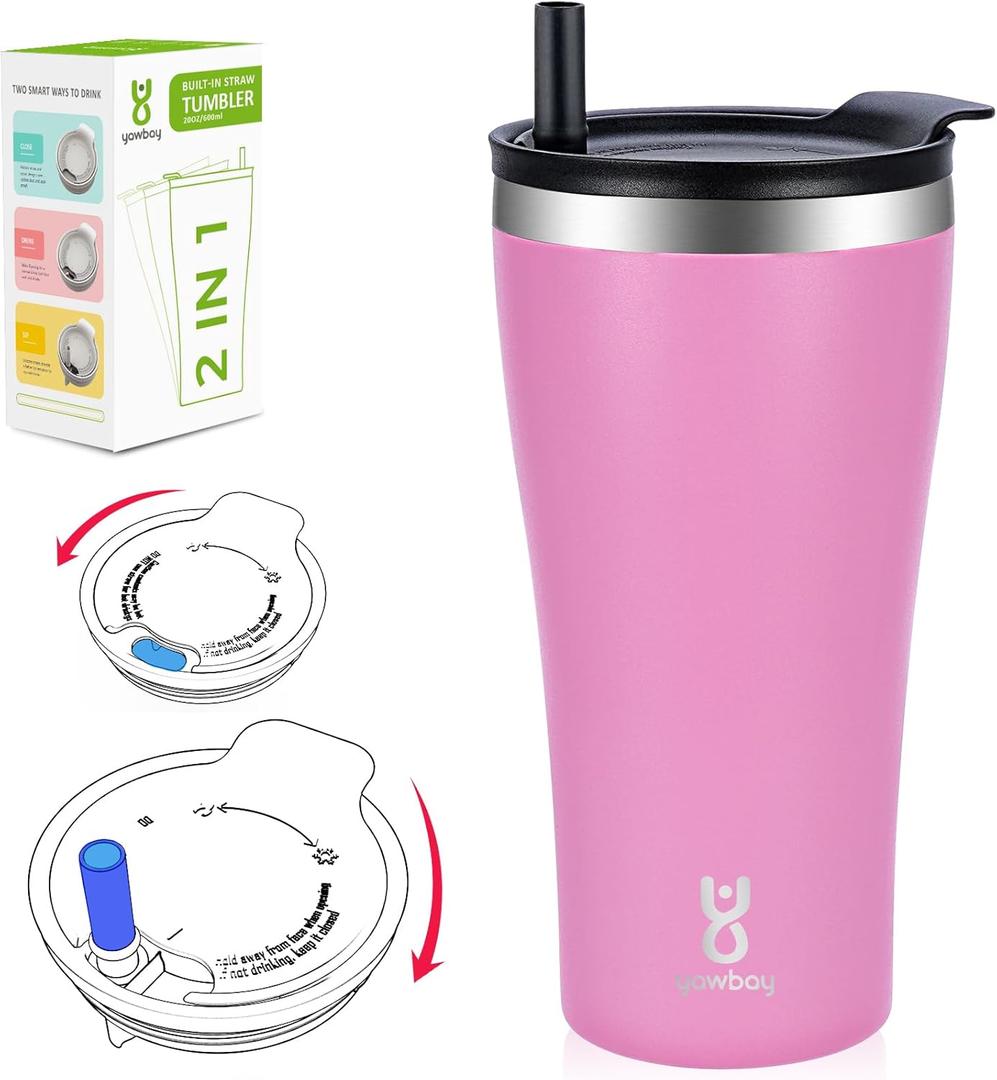 Yawbay Tumbler with Lid and Straw, 20 oz Travel Coffee Mug with 2-In-1 Lid, Spill Proof Tumbler with Straw, Stainless Steel Vacuum Iced Coffee Tumbler, Insulated Thermal Cup For Hot Cold Drinks (Pink)