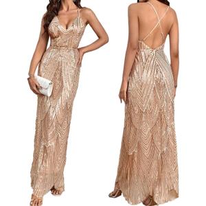 Women's V Neck Spaghetti Straps Sequin Sparkly Glitter Irregular Hem Prom Dress Backless Maxi Evening Gowns, Size S