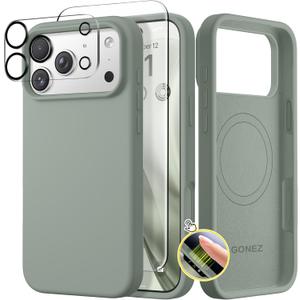GONEZ Magnetic for iPhone 17 Pro Case, Compatible with MagSafe, [Screen Protector + Camera Lens Protector], Liquid Silicone Anti-Scratch Shockproof Protective Phone Case 6.3 inch, Calke Green