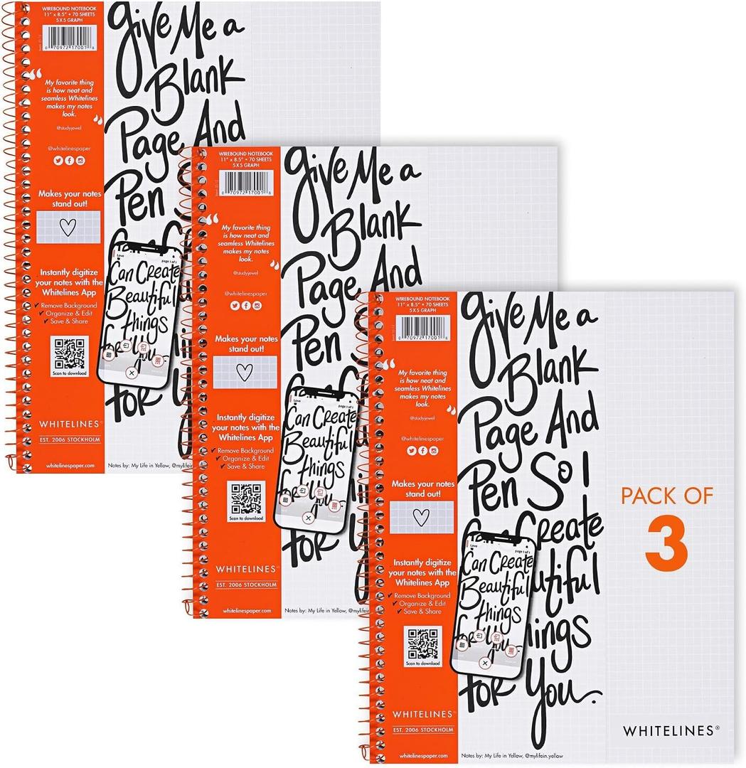 Whitelines Spiral Wire Bound Graph Ruled Notebooks, 3-Pack, Premium 20lb. Gray Paper, 11" x 8.5" 70 Sheets, Makes Your Notes Stand Out and Links Them To The Digital World, Proudly Made in USA