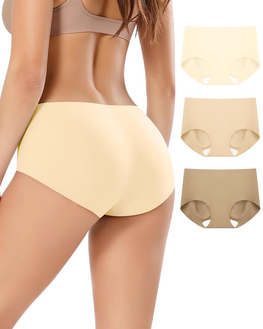 2 x LIIJOO Women's Seamless Mid Waisted Briefs, Full Coverage No Show Panties with Soft Nylon Spandex, No Lines Underwear for LeggingsNatural Nude/Vanilla Nude/Tan, M Size