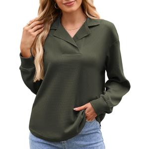 Women Waffle Knit Tops 2025 Fall Casual Long Sleeve Shirts V Neck Tunic Tops Sweaters (Green, XL)