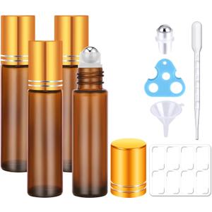4 Pack, 10 ml Roller Bottles for Essential Oils, Leak-Proof Glass Roller Ball Applicator, Refillable Roll on Bottles with Opener & Labels for Perfume & DIY Skincare (Amber)