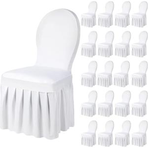 Oudain Chair Slip Covers with Skirt Wedding Long Stretch Spandex Dining Chair Cover Protectors Removable and Washable for Hotel and Wedding Ceremony(White,20 Pieces)