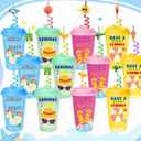 24 pcs Pool Beach Birthday Party Decorations Cups with Lid and Straws,16oz Reusable Plastic Cups Pool Party Favors Summer Cups for End of Year Student Gifts KidsTropical Birthday Party Supplies