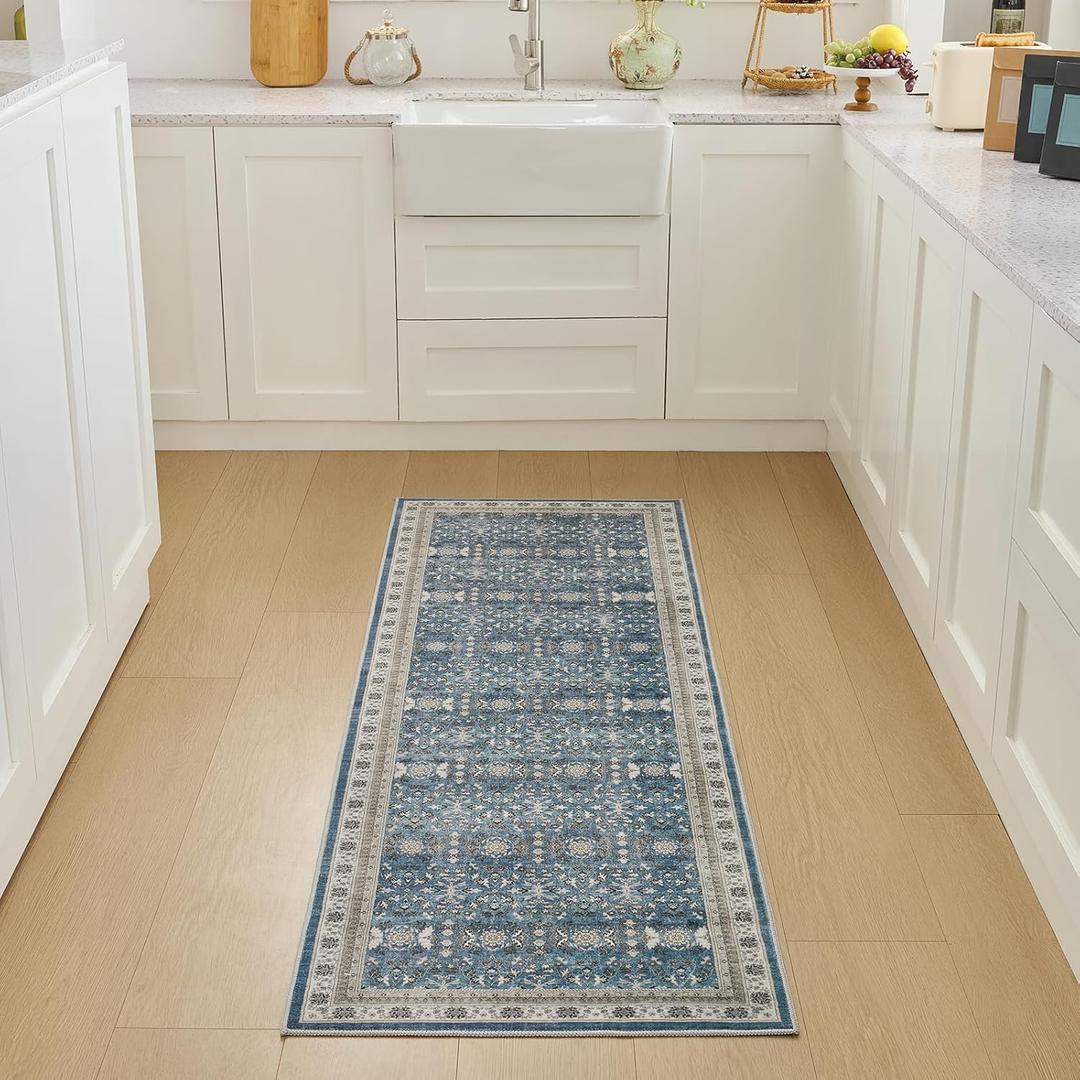 WITSHOCK Blue Vintage 2x6 Entryway Rug, Low Pile Non-Slip Machine Washable Runner Rug for Bedroom Living Room Dining Room Nursery Playroom Home Decor
