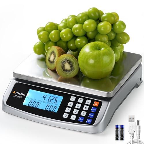 Atogou 110lb Food Scale, Commercial Kitchen Scale with Price Computing, Plug-in Usable, 0.05oz/1g, 304 Stainless Steel, for Cooking, Vegetables, Farm, Industry, Counting. LC300 Silver