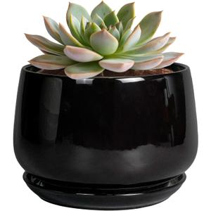G EPGardening 6 Inch Planter - Ceramic Pot for Plants, Ceramic Planter with Drainage and Saucer, Round Flower Pot Indoor Outdoor, Modern Room Decor, Home Gifts, Black
