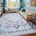 5x7 Area Rug for Bedroom, Machine Washable Rugs with Non-Slip Backing for Living Room, Soft Vintage Carpet Kitchen Laundry Kids Room Decor, Blue & Brown