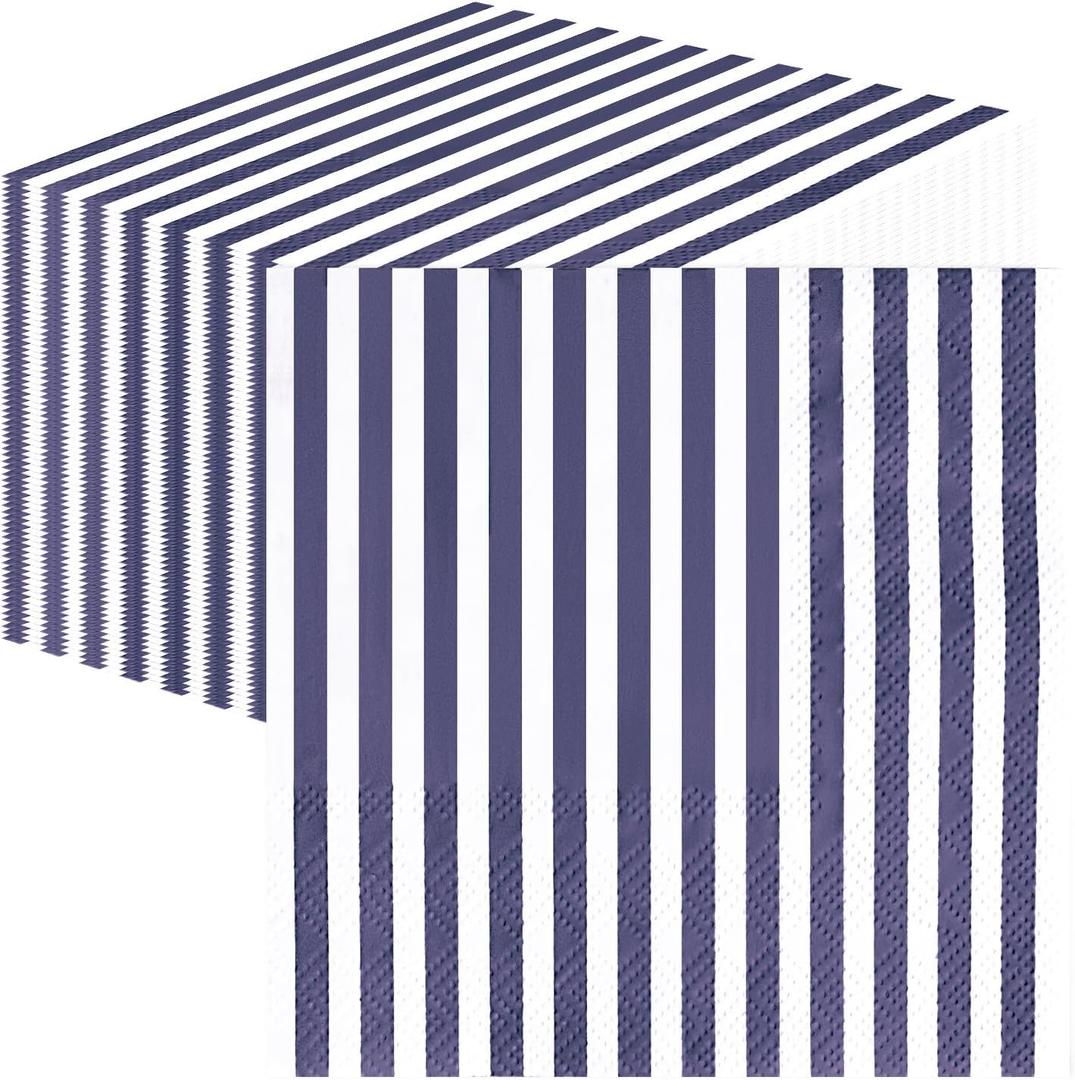 SietDESEO 50 Pieces Navy Blue Striped Napkins Disposable 3-Ply Blue and White Striped Cocktail Napkins Paper Dinner Napkins for Birthday Baby Shower Wedding Party Beverage Napkin